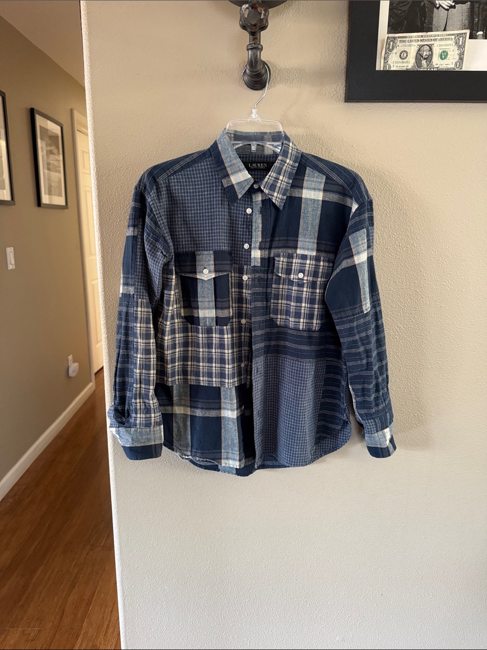 Lauren Ralph Lauren Navy and off-white Patchwork Plaid Button-Down Shirt